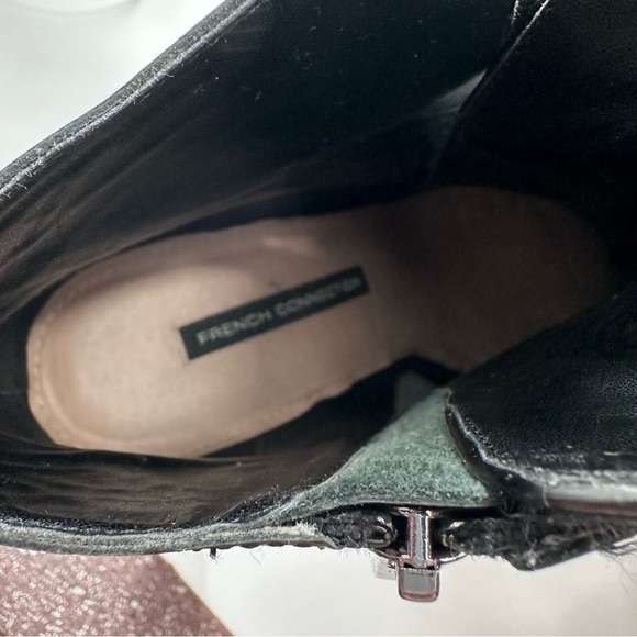 French Connection ankle bootie 41 black patent leather calf hair platform boots - Picture 9 of 11